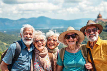 Idosos felizes em uma viagem, explorando um novo destino.