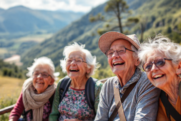 Grupo de idosos felizes em uma excursão ao ar livre.