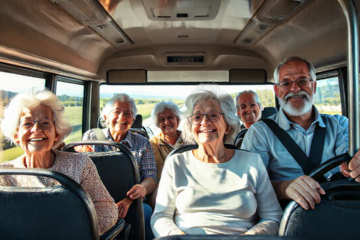 Idosos felizes embarcando em um ônibus com suas passagens gratuitas.