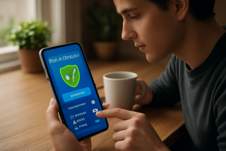 Imagem ilustrativa de um aplicativo antivírus em ação, protegendo um dispositivo móvel contra ameaças digitais.