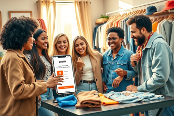 Imagem de roupas disponíveis na SHEIN, destacando a oferta de testes gratuitos.