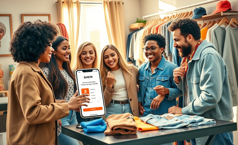 Imagem de roupas disponíveis na SHEIN, destacando a oferta de testes gratuitos.