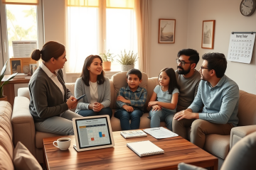 Família em sala acolhedora recebendo acompanhamento do Programa Lar Doce Lar sobre próximos passos e como seguir