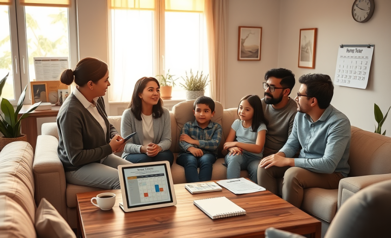Família em sala acolhedora recebendo acompanhamento do Programa Lar Doce Lar sobre próximos passos e como seguir