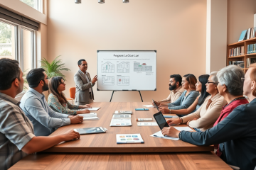 Grupo de adultos participando de oficina sobre Programa Lar Doce Lar em sala clara e moderna, com materiais de inscrição e explicações visuais
