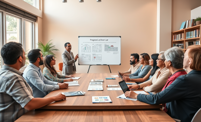 Grupo de adultos participando de oficina sobre Programa Lar Doce Lar em sala clara e moderna, com materiais de inscrição e explicações visuais