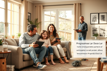Família feliz em sala de estar renovada após participação no Programa Lar Doce Lar, com designer explicando próximos passos