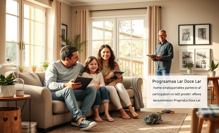Família feliz em sala de estar renovada após participação no Programa Lar Doce Lar, com designer explicando próximos passos