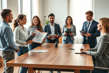 Candidatos e entrevistadores em ambiente moderno participando do processo de seleção Lar Doce Lar para aumentar suas chances