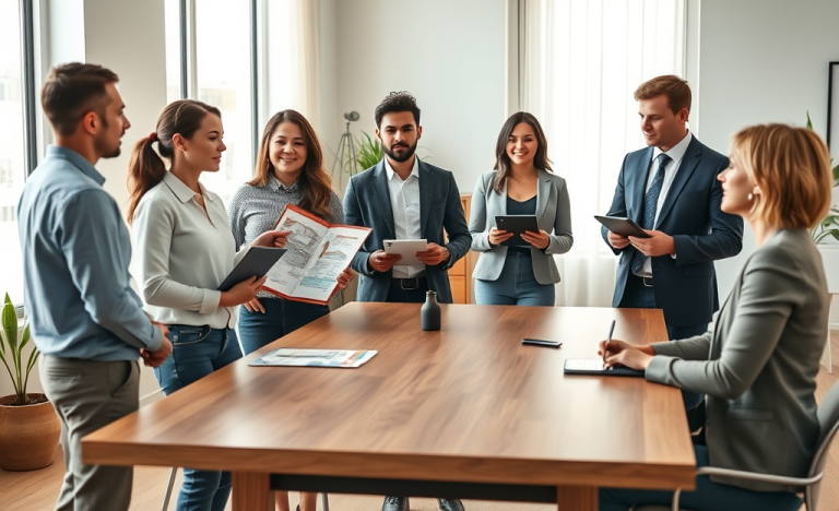 Candidatos e entrevistadores em ambiente moderno participando do processo de seleção Lar Doce Lar para aumentar suas chances