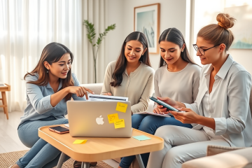 Grupo de três jovens colaborando em inscrição Lar Doce Lar, usando laptop e anotações em ambiente iluminado e acolhedor
