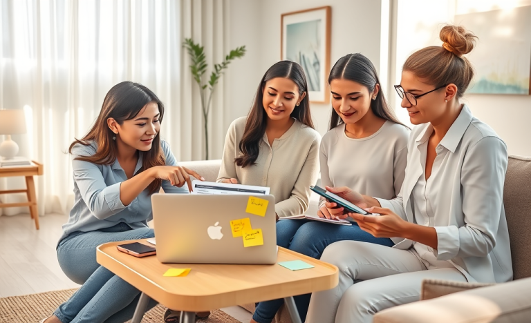 Grupo de três jovens colaborando em inscrição Lar Doce Lar, usando laptop e anotações em ambiente iluminado e acolhedor