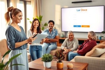 Grupo diverso em sala de estar aconchegante discutindo inscrições para o Programa Lar Doce Lar com ambiente moderno e iluminado