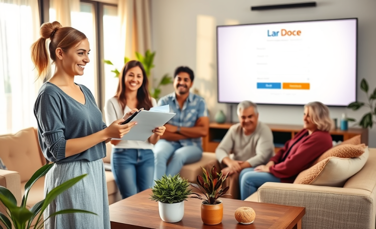 Grupo diverso em sala de estar aconchegante discutindo inscrições para o Programa Lar Doce Lar com ambiente moderno e iluminado