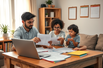 Família reunida em sala iluminada organizando documentos e inscrições para o Programa Lar Doce Lar, preparando dados com laptop e pastas
