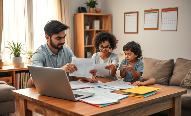 Família reunida em sala iluminada organizando documentos e inscrições para o Programa Lar Doce Lar, preparando dados com laptop e pastas