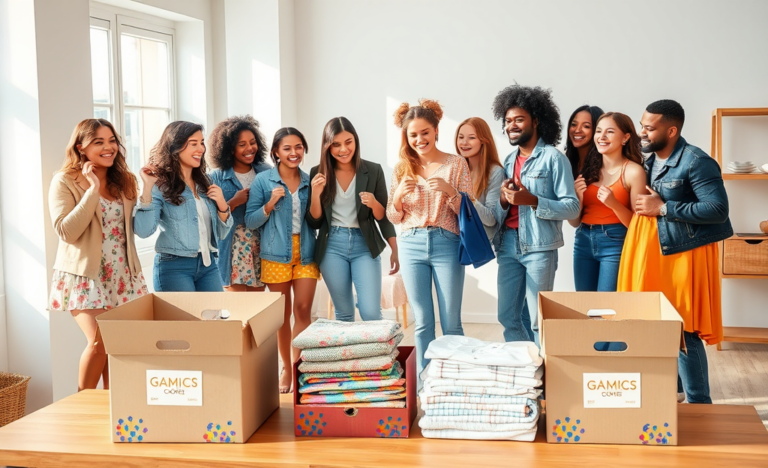 Jovens provando roupas da SHEIN em estúdio moderno, com caixas abertas e ambiente iluminado natural e cores vibrantes