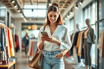 Jovem mulher estilosa usando aplicativo para economizar com cupom de desconto em loja de moda moderna e iluminada