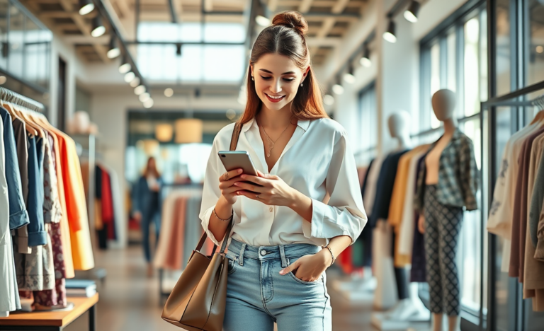Jovem mulher estilosa usando aplicativo para economizar com cupom de desconto em loja de moda moderna e iluminada