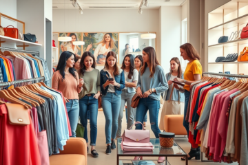 Jovens estilosos explorando promoções semanais de moda e acessórios em uma boutique moderna e iluminada, aproveitando ofertas