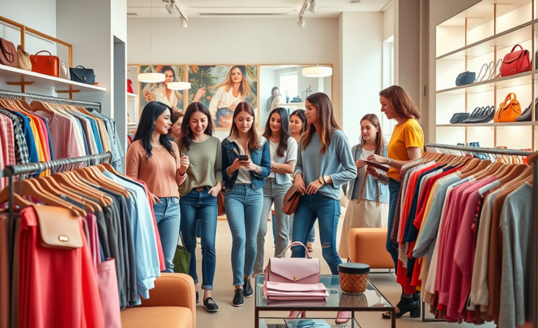 Jovens estilosos explorando promoções semanais de moda e acessórios em uma boutique moderna e iluminada, aproveitando ofertas