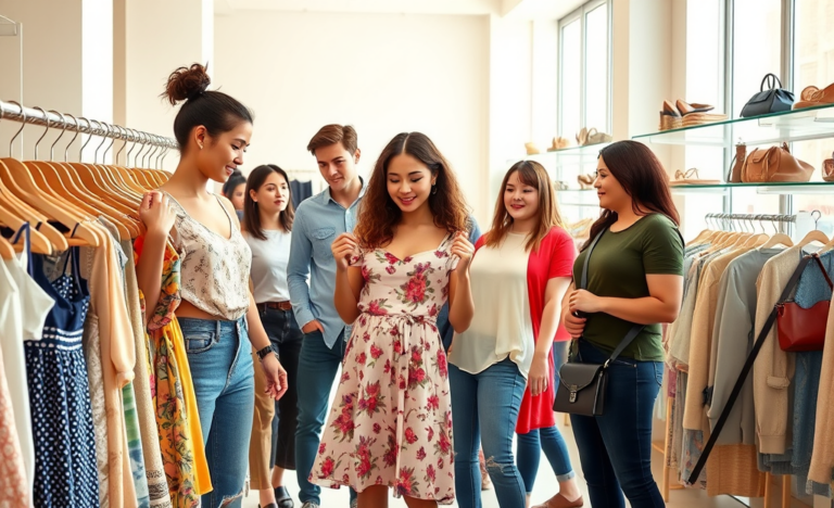 Jovens em ambiente moderno explorando e selecionando roupas e acessórios da SHEIN para entender e aproveitar a seleção de usuários