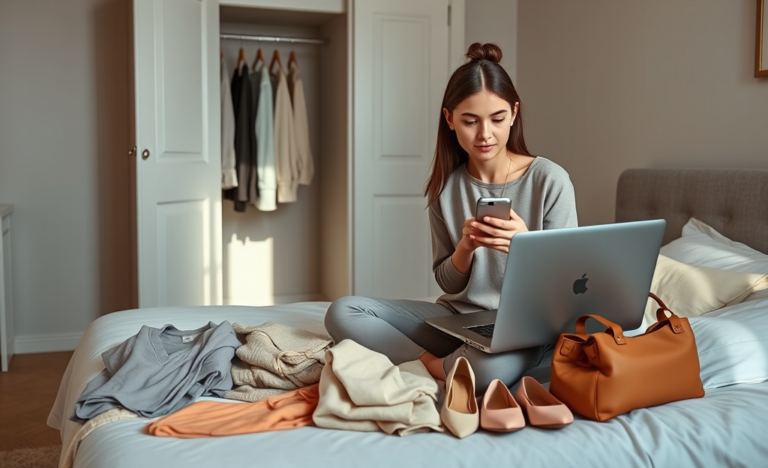 Jovem mulher em quarto moderno verificando itens de moda no smartphone e laptop para evitar surpresas em compras online