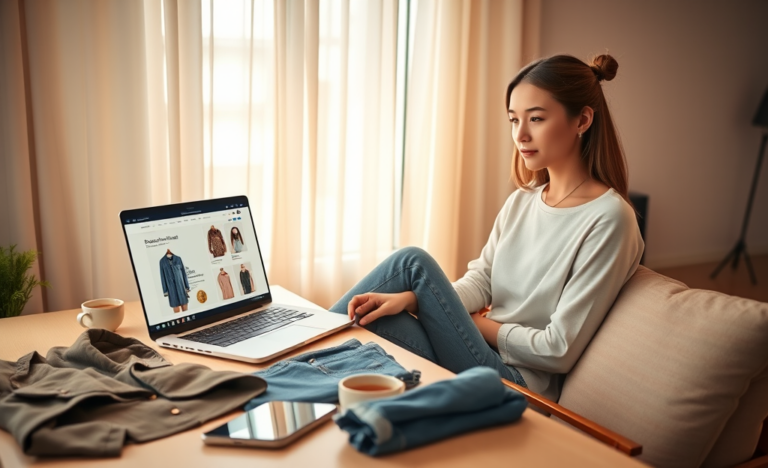 Mulher jovem em ambiente moderno usando laptop para aproveitar roupas grátis na SHEIN com segurança em espaço aconchegante e iluminado