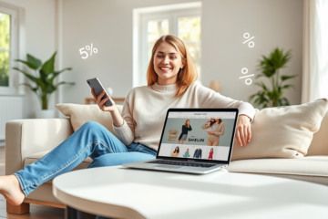 Mulher jovem usando smartphone e laptop em ambiente moderno, aproveitando cupom para economizar em moda e acessórios