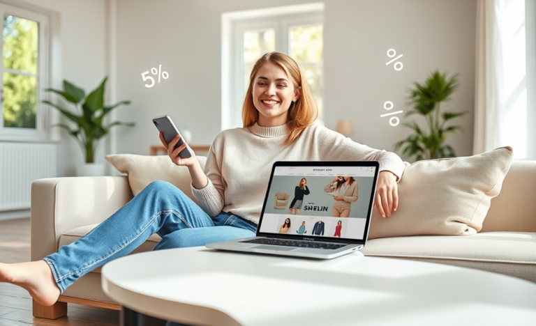 Mulher jovem usando smartphone e laptop em ambiente moderno, aproveitando cupom para economizar em moda e acessórios