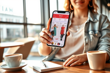 Mulher segurando smartphone exibindo app de ofertas de moda em café moderno com luz natural e estilo realista