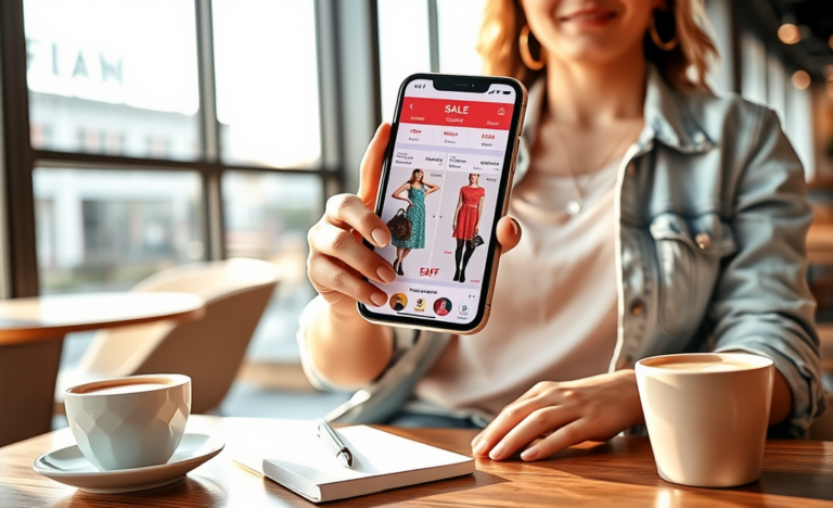 Mulher segurando smartphone exibindo app de ofertas de moda em café moderno com luz natural e estilo realista