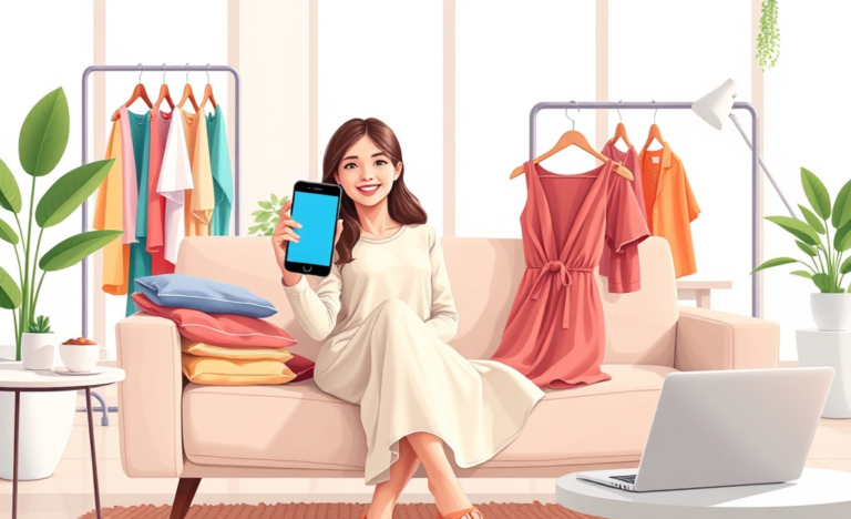 Jovem sorridente usando smartphone para aproveitar vantagens reais de SHEIN roupas grátis em ambiente moderno e acolhedor