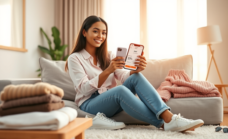 Mulher jovem desfrutando cupons de desconto para economizar em compras de moda em ambiente moderno e aconchegante