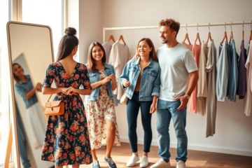 Jovens experimentando roupas modernas com estilo casual em uma loja iluminada, mostrando como aproveitar roupas grátis da SHEIN