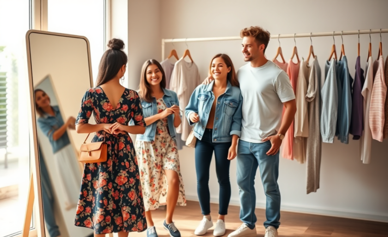 Jovens experimentando roupas modernas com estilo casual em uma loja iluminada, mostrando como aproveitar roupas grátis da SHEIN