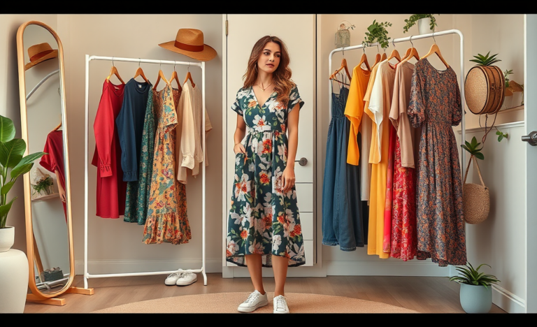 Jovem mulher em closet moderno mostrando roupas baratas e estilosas da SHEIN que valem a pena comprar