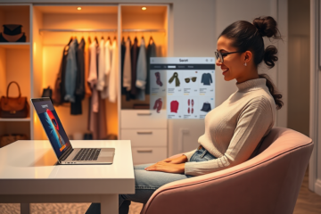 Jovem mulher em quarto moderno descobrindo ofertas secretas de moda e acessórios no notebook com ambiente acolhedor e elegante