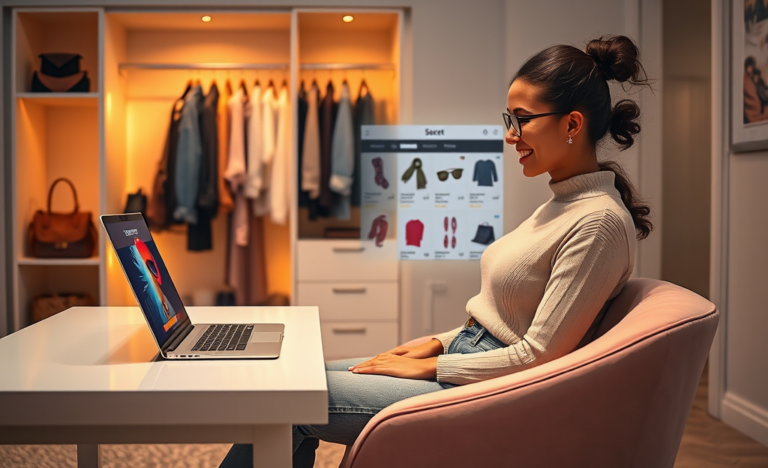 Jovem mulher em quarto moderno descobrindo ofertas secretas de moda e acessórios no notebook com ambiente acolhedor e elegante