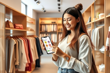Jovem mulher em boutique moderna usando smartphone para aproveitar programa de recompensas SHEIN com roupas e acessórios ao redor