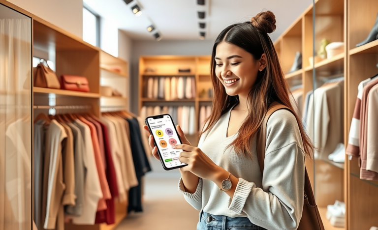 Jovem mulher em boutique moderna usando smartphone para aproveitar programa de recompensas SHEIN com roupas e acessórios ao redor