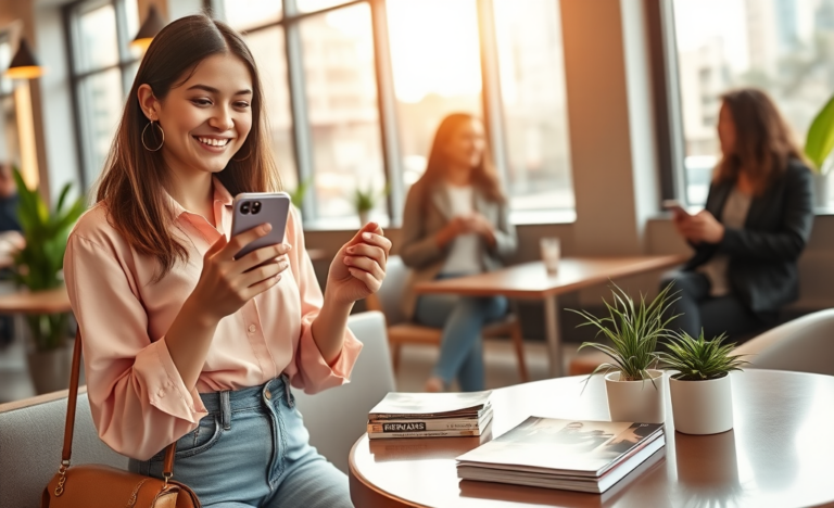 Jovem mulher sorridente usando aplicativo de recompensas de moda em café moderno, aproveitando SHEIN recompensas para participantes
