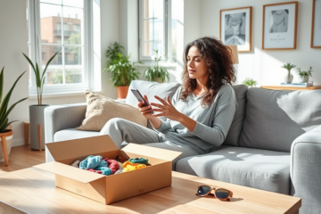 Jovem mulher em apartamento moderno avaliando opções de envio de roupas e acessórios para economizar em compras online
