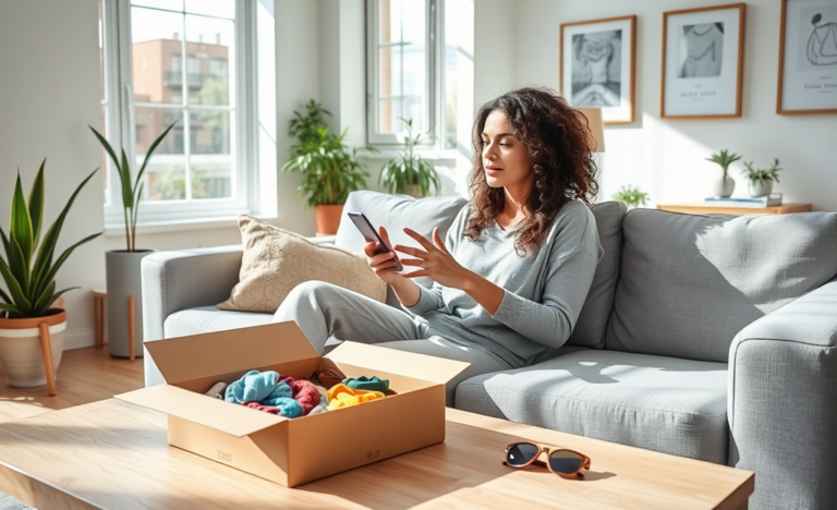 Jovem mulher em apartamento moderno avaliando opções de envio de roupas e acessórios para economizar em compras online