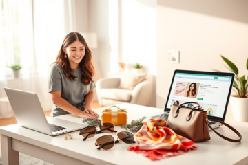 Mulher jovem animada conferindo acessórios grátis da moda com laptop aberto em ambiente moderno, com iluminação natural e decoração minimalista