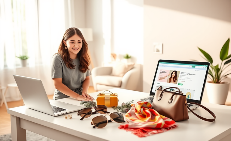 Mulher jovem animada conferindo acessórios grátis da moda com laptop aberto em ambiente moderno, com iluminação natural e decoração minimalista