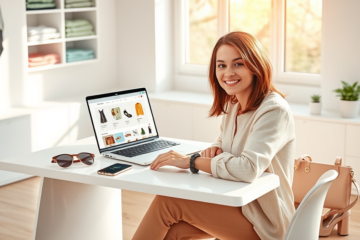 Jovem mulher elegante aproveitando sistema de itens grátis no laptop em ambiente iluminado e moderno com acessórios de moda ao redor