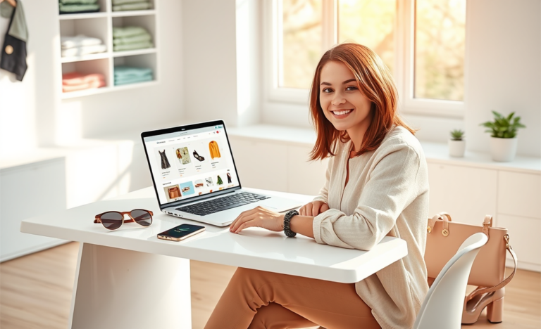 Jovem mulher elegante aproveitando sistema de itens grátis no laptop em ambiente iluminado e moderno com acessórios de moda ao redor