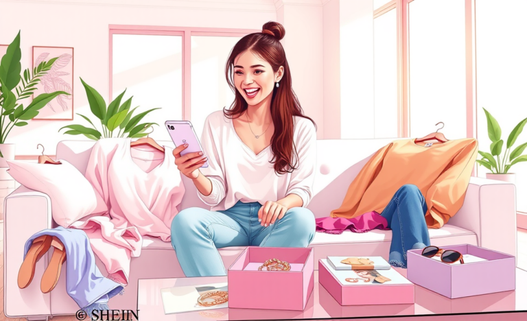 Mulher jovem em sala moderna aproveitando ofertas de itens grátis da SHEIN, navegando animada no smartphone cercada por roupas e acessórios estilosos