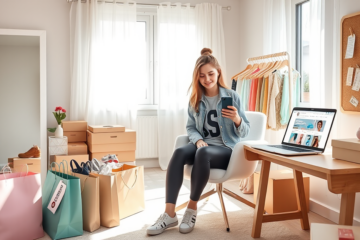 Jovem mulher em quarto moderno aproveitando looks grátis SHEIN, usando smartphone para economizar em roupas e acessórios